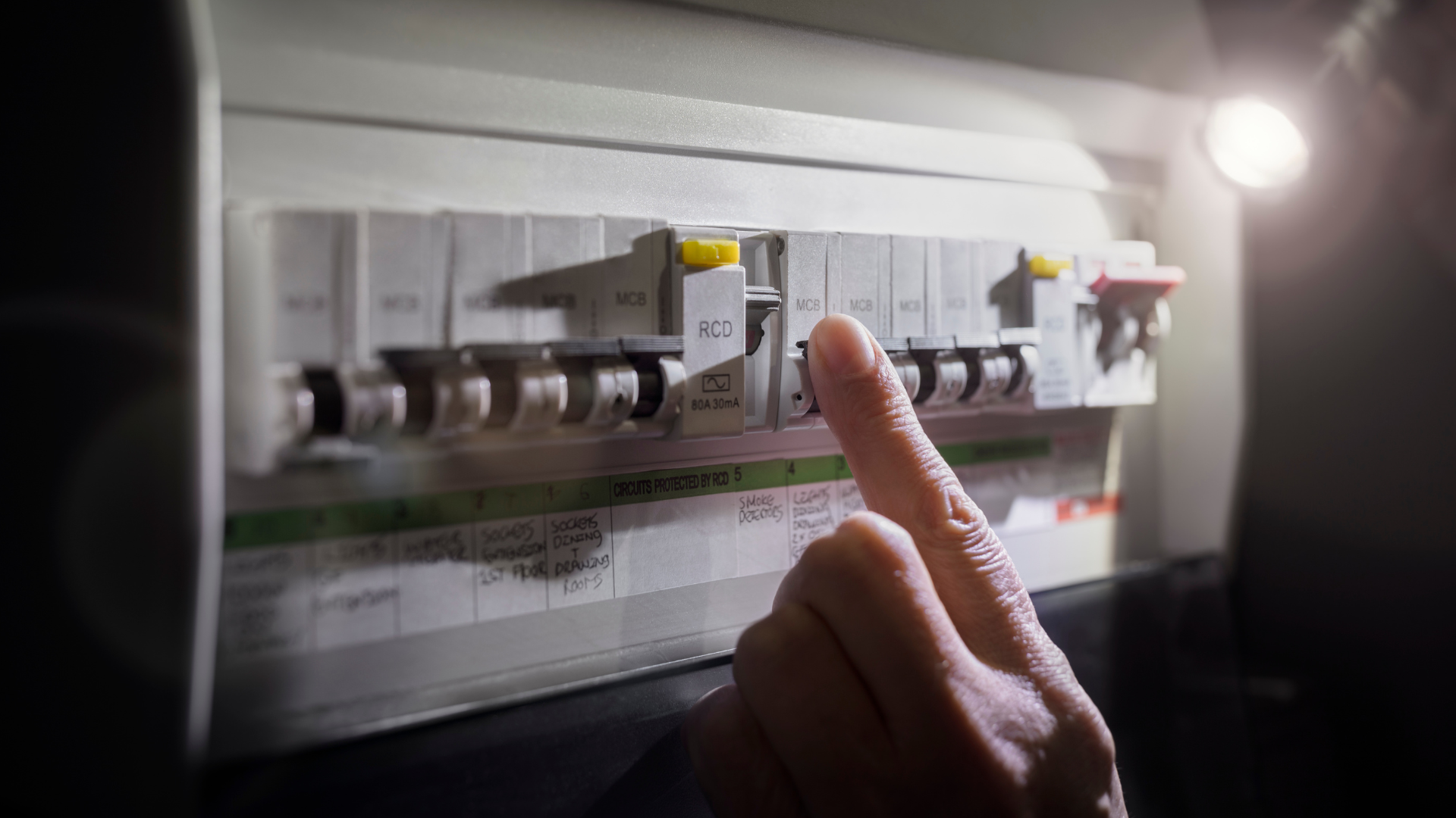 A person pressing a button on a light switch